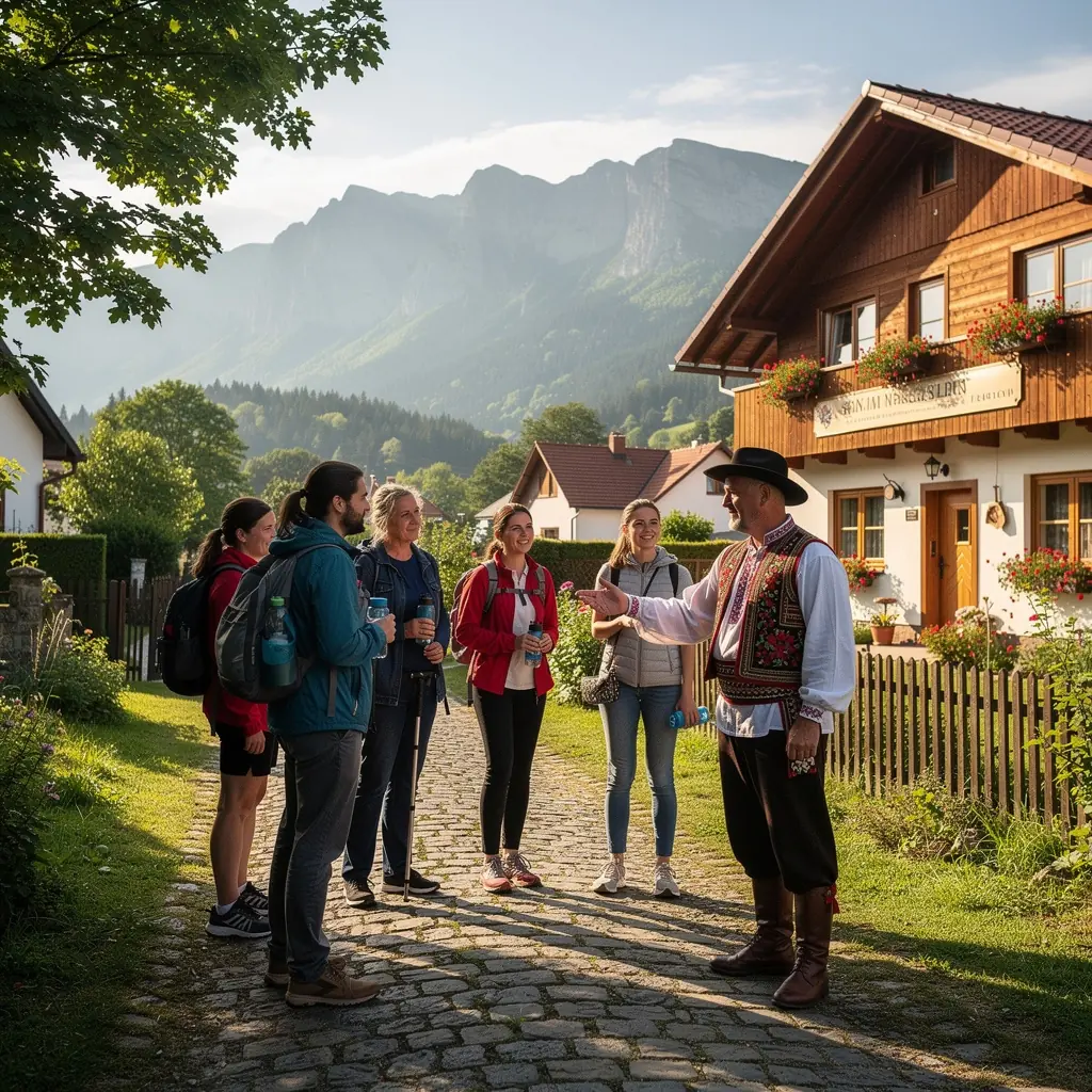 A vibrant street market in Bratislava, bustling with locals and tourists, offering delicious Slovak cuisine and handmade crafts for visitors to enjoy.